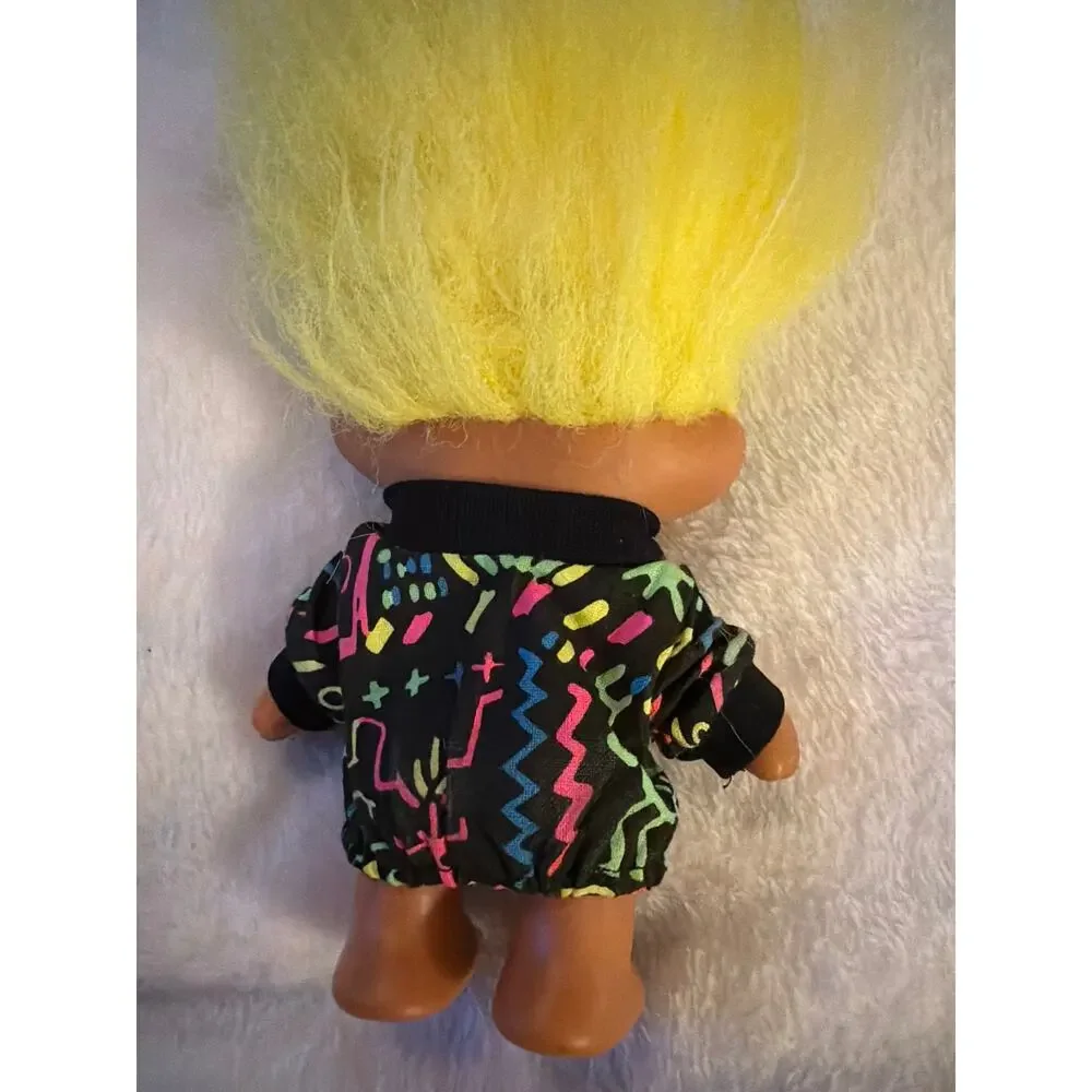 Vintage Russ Troll Doll Yellow Hair Blue Eyes Black Jacket 5